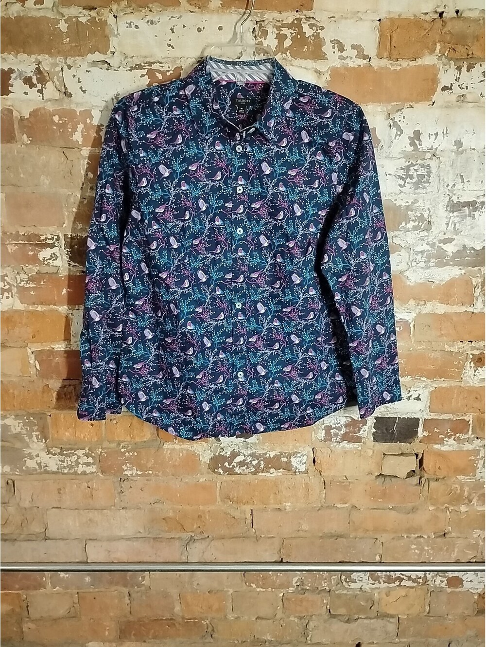 Talbots Button Blouse Top Petite Medium Novelty Bird Print Blue Pink Cotton
